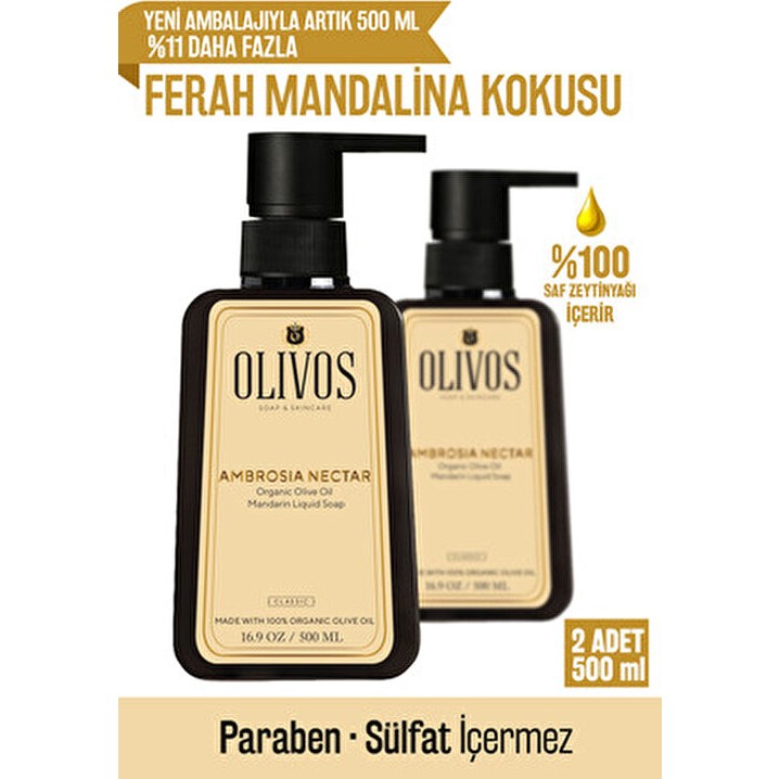 Olivos Doğal Zeytinyağlı Mandalina Sıvı Sabun Ferahlatıcı Özellikli El Sabunu 2 Adet x 500 ml Sabunlar Fiyatı