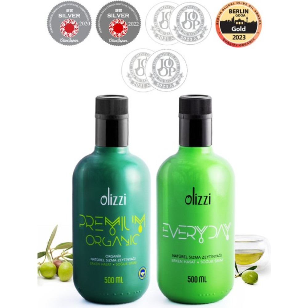 Olizzi Premium Organik Zeytinyağı ve Everyday Ödüllü Zeytinyağı Erken Hasat Soğuk Sıkım 500 ML X 2 Adet - 1 lt Diğer Fiyatı