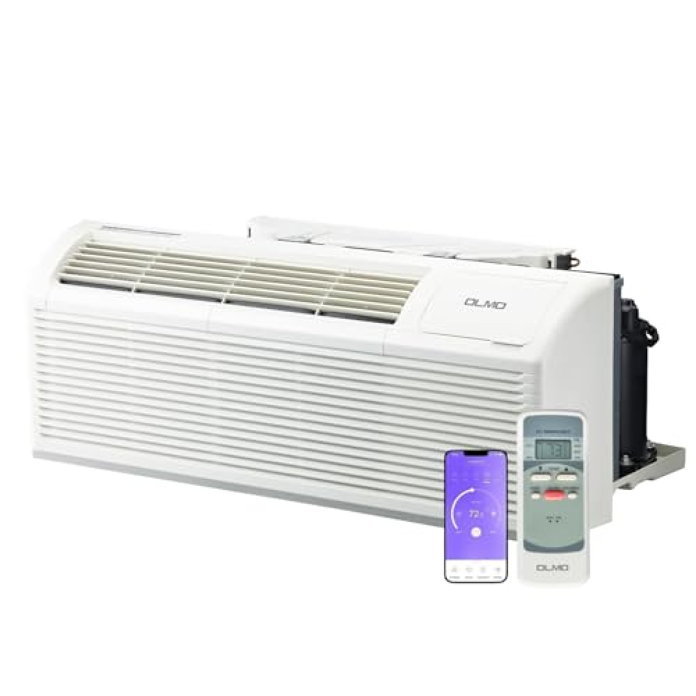 OLMO 9,000 BTU PTAC Heating and Cooling Packaged Terminal Air Conditioner with Heat Strip (R32 Refrigerant) and 3.5 kW Electric Heater Including Wireless Smart Kit, Remote Controller, and a Power Cord