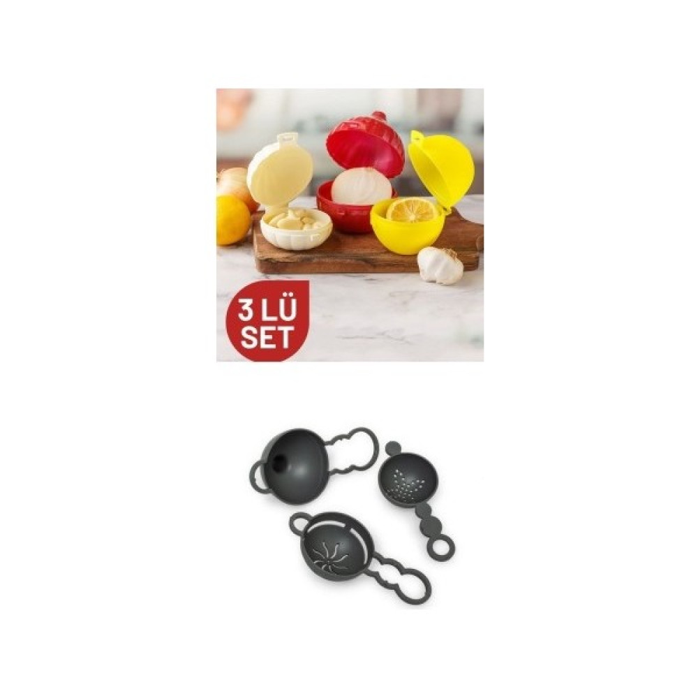 Olux İdeas Olux Limon-Soğan-Sarımsak Saklama Kabı 3'Lü Set & Trio Pasta Seti 3'Lü (Elek, Huni, Yumurta Ayracı) Saklama Kapları Fiyatı