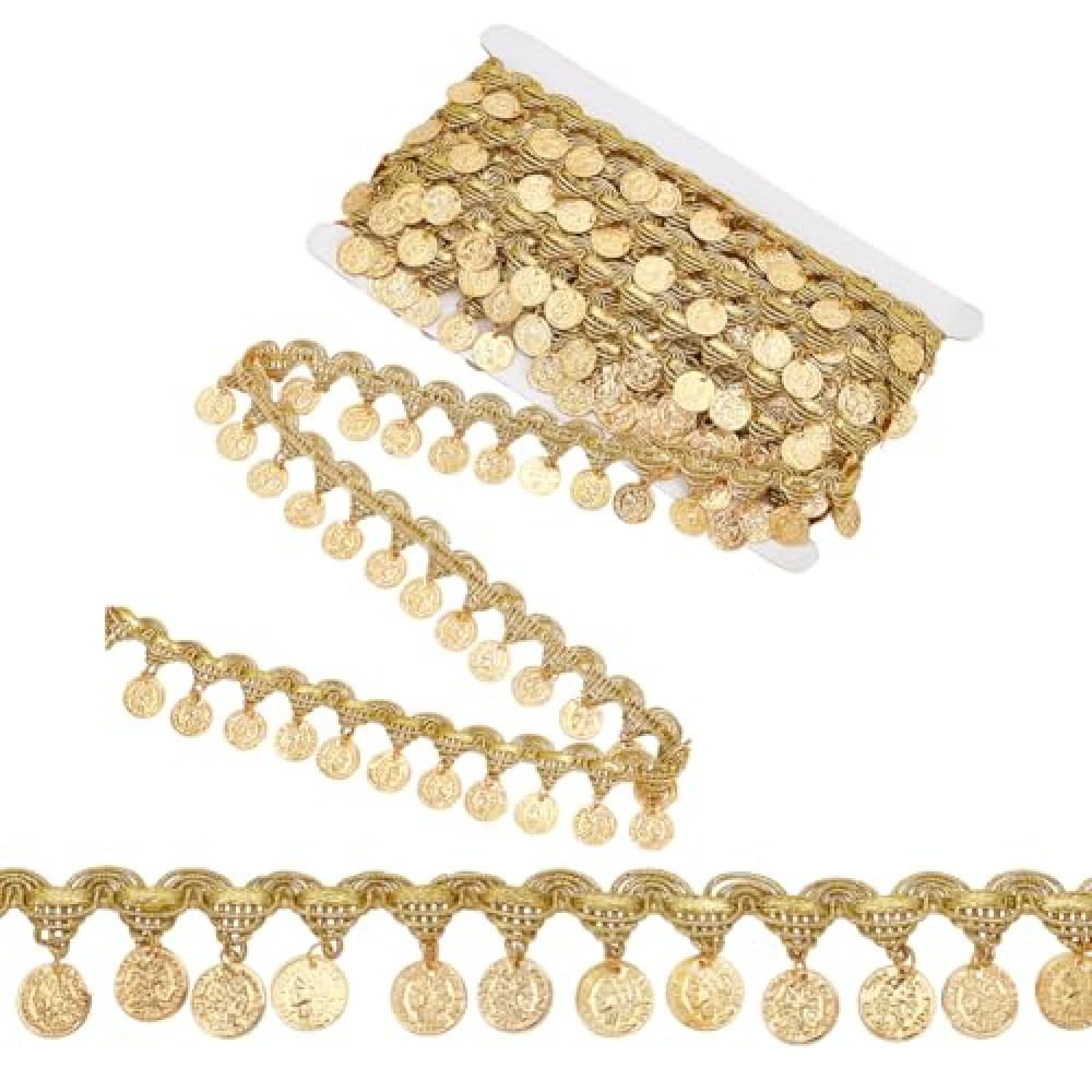 OLYCRAFT 10 Yards Gold Coin Shape Sequin Tassel Trim Sequins Lace Tassel Fringe Trim 1.6 Inch Width Sequins Tassel Lace Ribbon Fringe Dance Dress Belt Chain for Clothes Decoration Party Accessories