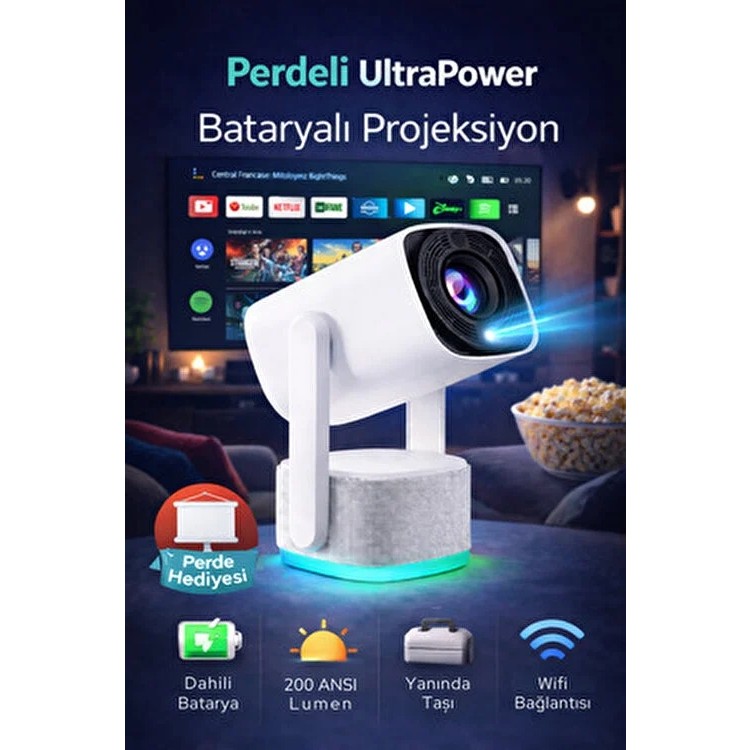 Omaze Powerbank Bataryalı Perdeli Taşınabilir Android Projeksiyon Cihazı Ultra Hd Ev Sinema Projektörü - Beyaz Perde Fiyatı