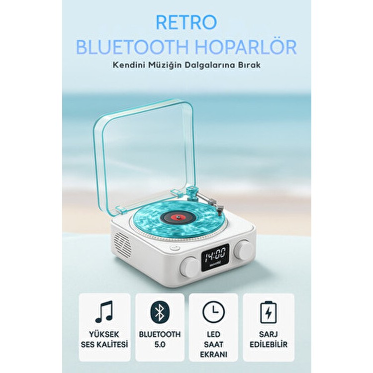 Omaze Retro Plak Tasarımlı Bluetooth Hoparlör Mavi Renk Yüksek Ses Kalitesi ile Kablosuz Bluetooth Hoparlör Fiyatı