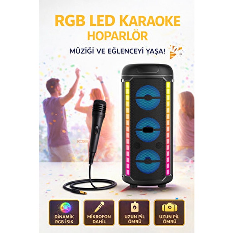 Omaze Rgb LED Karaoke Bluetooth Hoparlör Siyah Renkli Mikrofon Dahil Taşınabilir Kablosuz Speaker Bluetooth Hoparlör Fiyatı