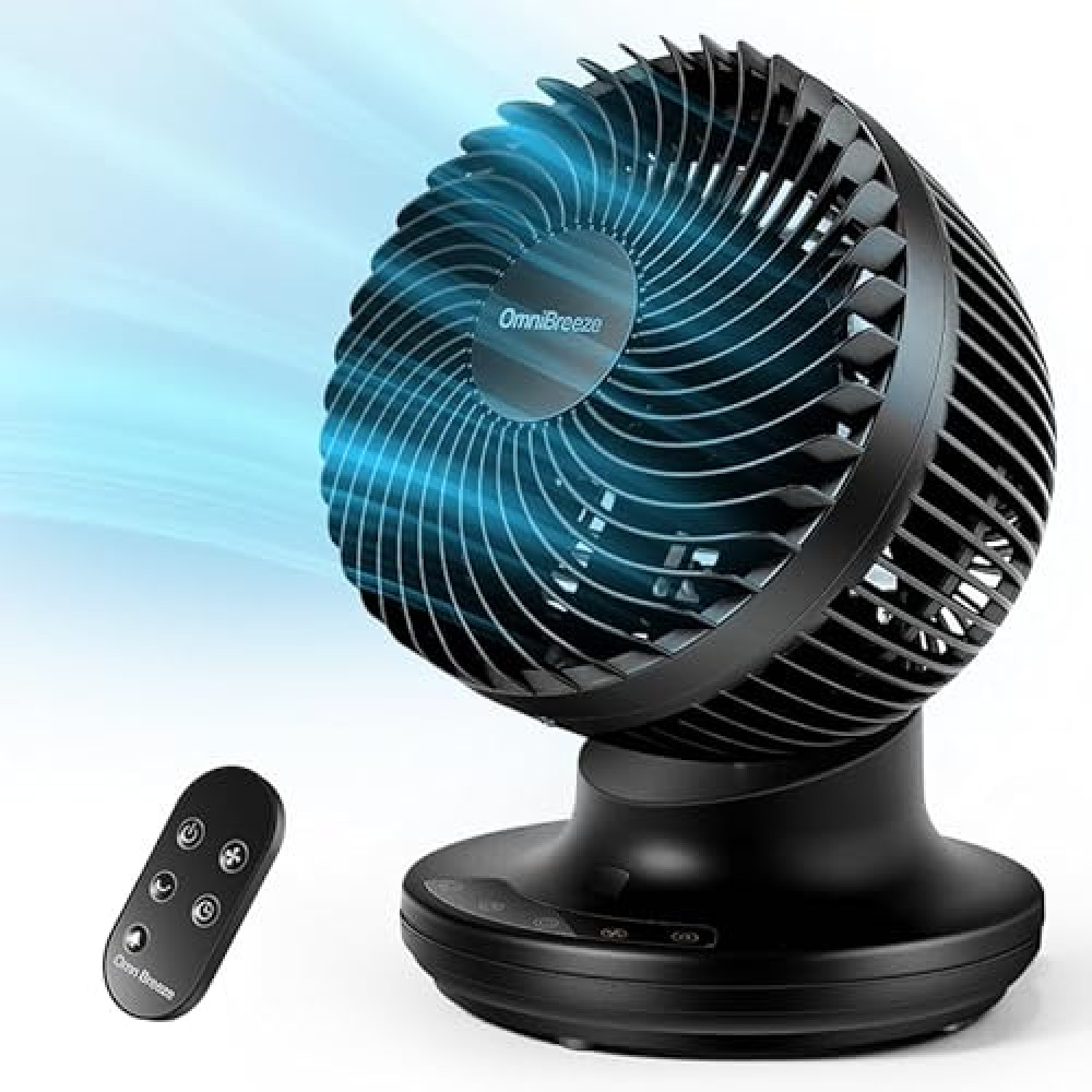 OmniBreeze 6 Inch Black Table Fan for Bedroom, Desk Air Circulator Fan with Remote, 85° Vertical+60° Automatic Oscillating Fan, 5 Speeds, 7H Timer, LED Display