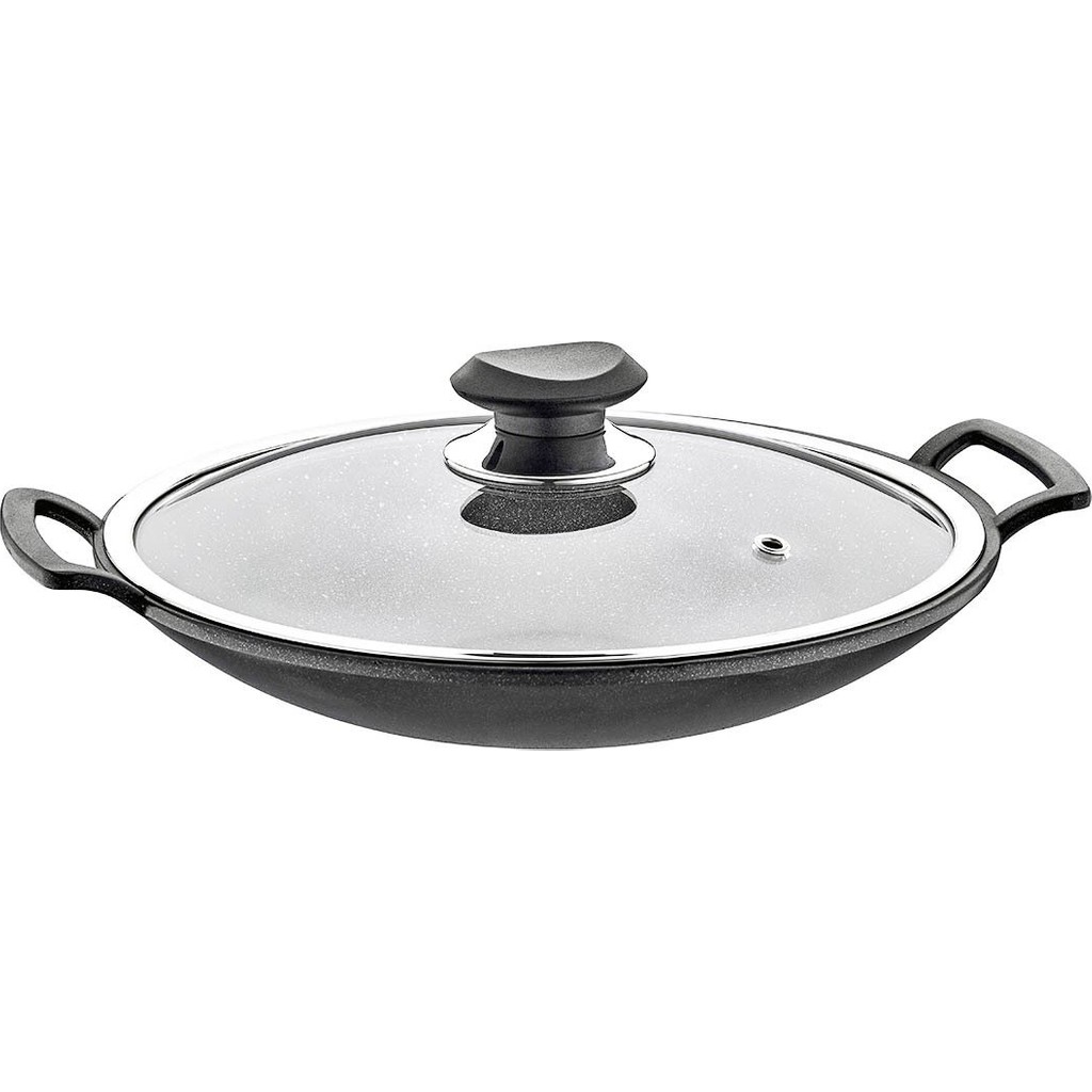 Oms 3228 Granit Cam Kapaklı Kavurma Sacı Tava 34CM Gri - 34 cm Tencere / Tava Setleri Fiyatı