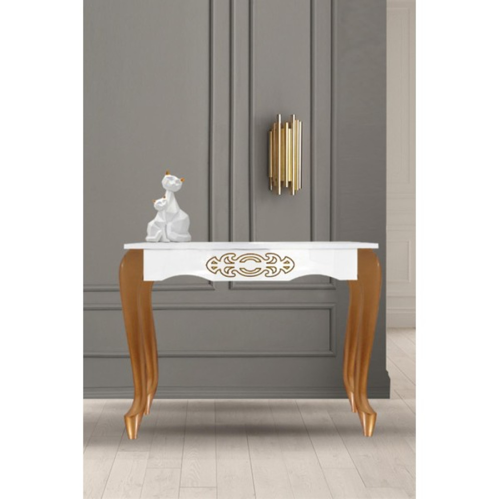 One Art Home Padova 4 Ayak Gold Işlemeli Gold Antre Hol Mdf Dresuar - Beyaz Dresuar / Makyaj Masası Fiyatı