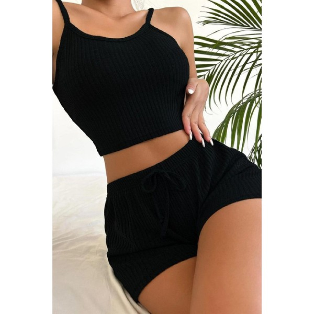 One Bella Viskon Siyah Askılı Crop Şortlu Takım 7011 Bluz Fiyatı