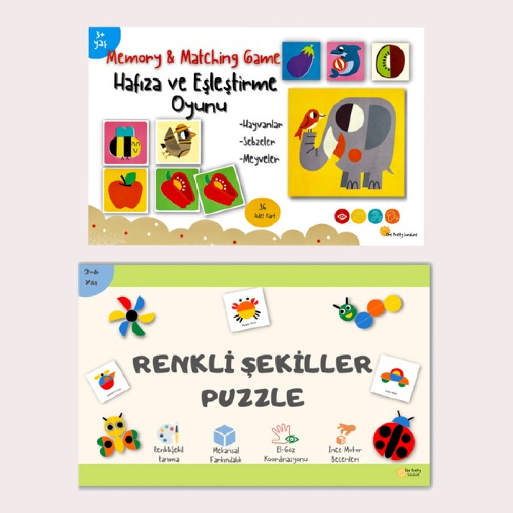 One Pretty Sunshine 2 Li Eğitici Oyun Seti Renkli Şekiller Puzzle ve Hafıza&eşleştirme Oyunu Bebek Zeka Kartları Eğitici Oyuncak Fiyatı