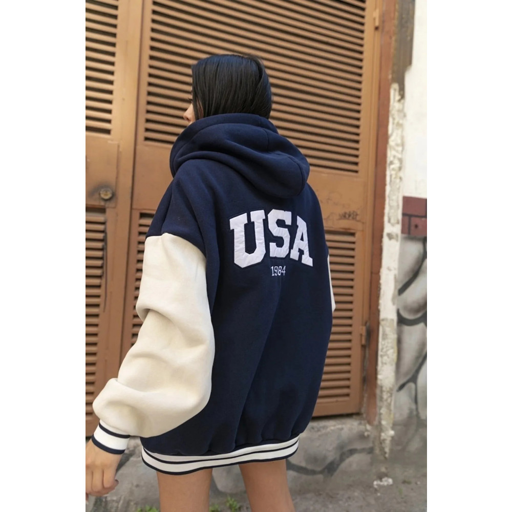 oneoff Unisex Oversize Lacivert USA Baskılı Kolej Ceket M Beden Bayan Ceket Fiyatı