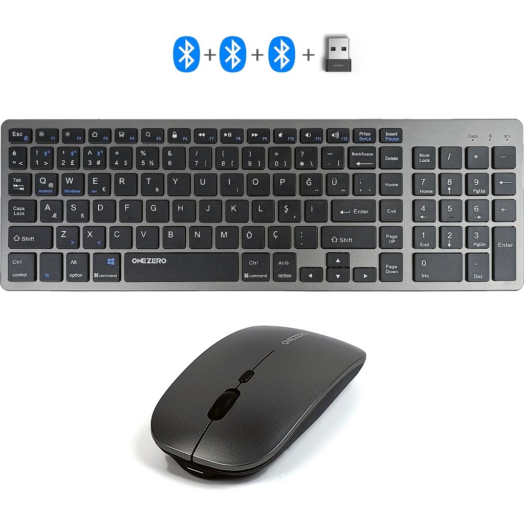 OneZero MT15 Mac Uyumlu Kablosuz Multimedya Klavye Mouse Set Q Türkçe 3 Kanal Bluetooth + USB Alıcılı Klavye - Mouse Fiyatı