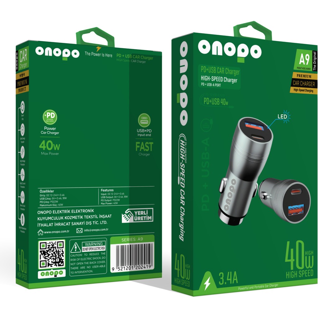 Onopo 3.4A Çift USB + Type Çıkışlı Metal Hızlı Araç Şarjı 40W - A9 - Gri Bilgisayar Çevirici ve Adaptörü Fiyatı