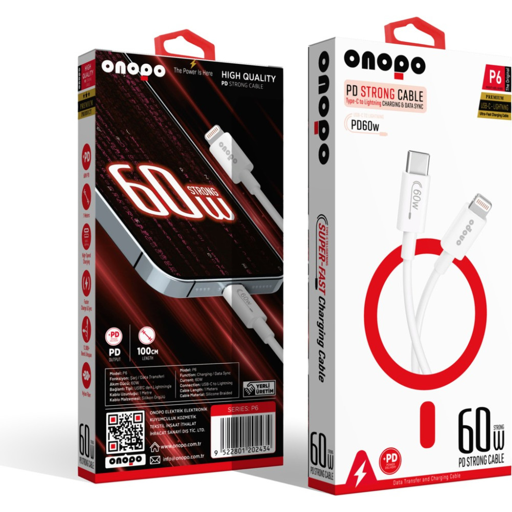 Onopo Apple iPhone Uyumlu Pd 60W Güçlü Kablo Type-C To Lightning Şarj ve Data Kablo - P6 - Beyaz Bilgisayar Çevirici ve Adaptörü Fiyatı