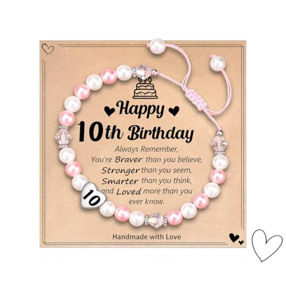 Onperpoe Pearl Bracelet Gifts for 10 Year Olds Girls Birthday Gifts for Girls Age 10, Pink White Beaded Bracelets 10 Year Old Girls Jewellery Girls Bracelets Cool Presents for 10 Year Olds Girl