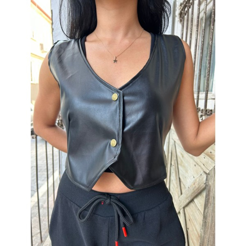 Önü Vegan Deri Arkası Denim ( Kot ) Bob Model Crop Kadın Yelek Kadın Yelek Fiyatı