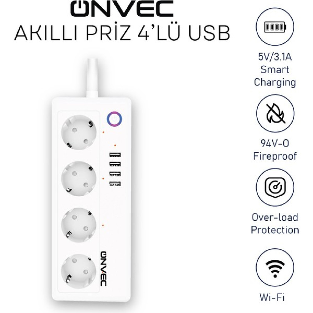Onvec 4'lü Akım Korumalı Usbli Akıllı Grup Priz Prizler Fiyatı