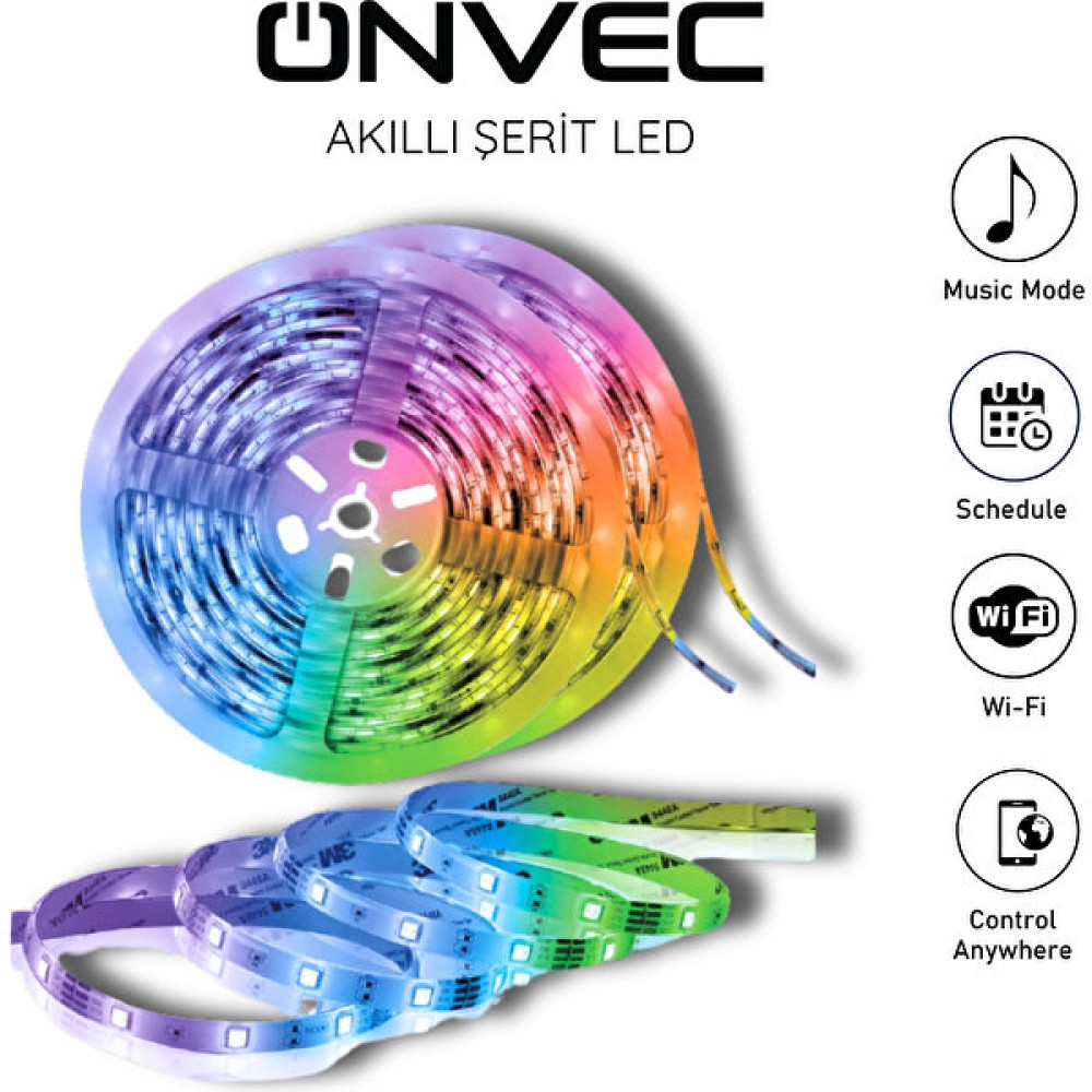 Onvec 5m Wi-Fi Destekli 16 Milyon Renk Smart Şerit LED Tuya -Uygulama Üzerinden Kontrol Led Aydınlatmalar Fiyatı