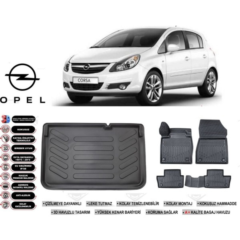 Opel Corsa D 2009 Model Bagaj Havuzu Araca Özel Siyah Kokusuz Havuzlu Paspas Takımı Oto Paspas Fiyatı