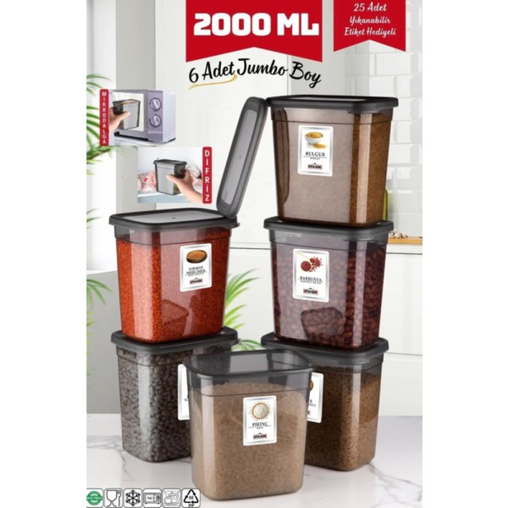Open Home 6 Adet Jumbo Boy Dikdörtgen Saklama Kabı 2000 ml Antrasit Saklama Kapları Fiyatı