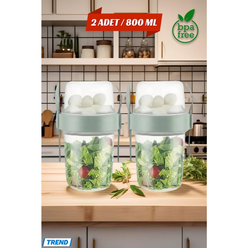 Open Home Concept 2 Adet Diyet & Kahvaltı Için Çatal & Kaşıklı Kapaklı Yoğurt Müsli Salata Meyve Saklama Kabı - 800 ml Eşya Saklama / Düzenleme Fiyatı