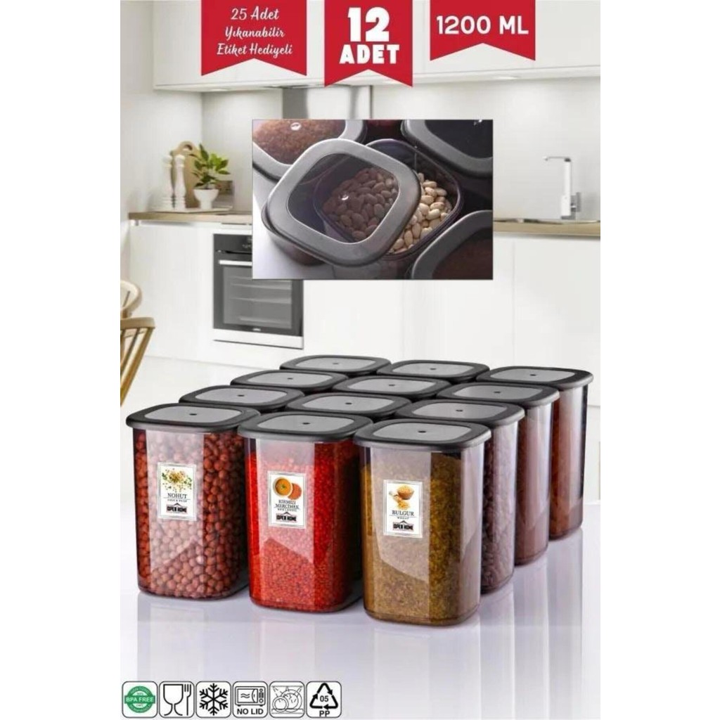 Open Home Etiketli 12 Adet 1200 ml Ekonomik Kırılmaz Antrasit Saklama Kabı Eşya Saklama / Düzenleme Fiyatı