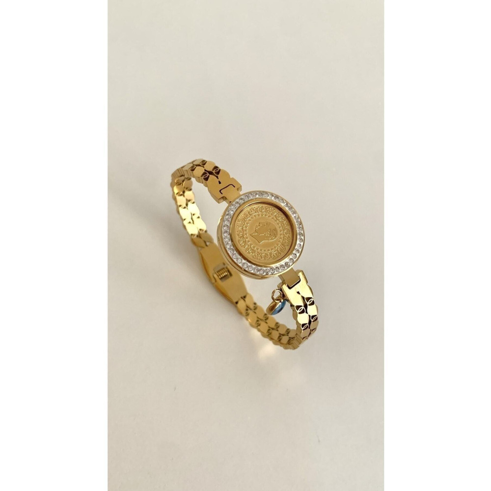 Opia JEWELRY - Nazar Boncuğu Sallantılı Arpa Zinciri Detay Gold Renk Çelik Kelepçe Bileklik Opj1010 Çelik Bilezik Fiyatı