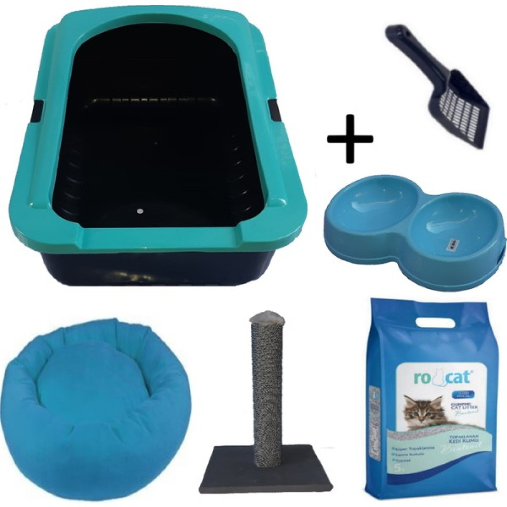 OPTIMAL Kedi Elekli Tuvalet Kabı Mavi 5 Lt Kum + Kürek + 50 cm Tırmalama + Yatak ve Çiftli Mama Kabı Seti Evcil Hayvan Ürünleri Fiyatı