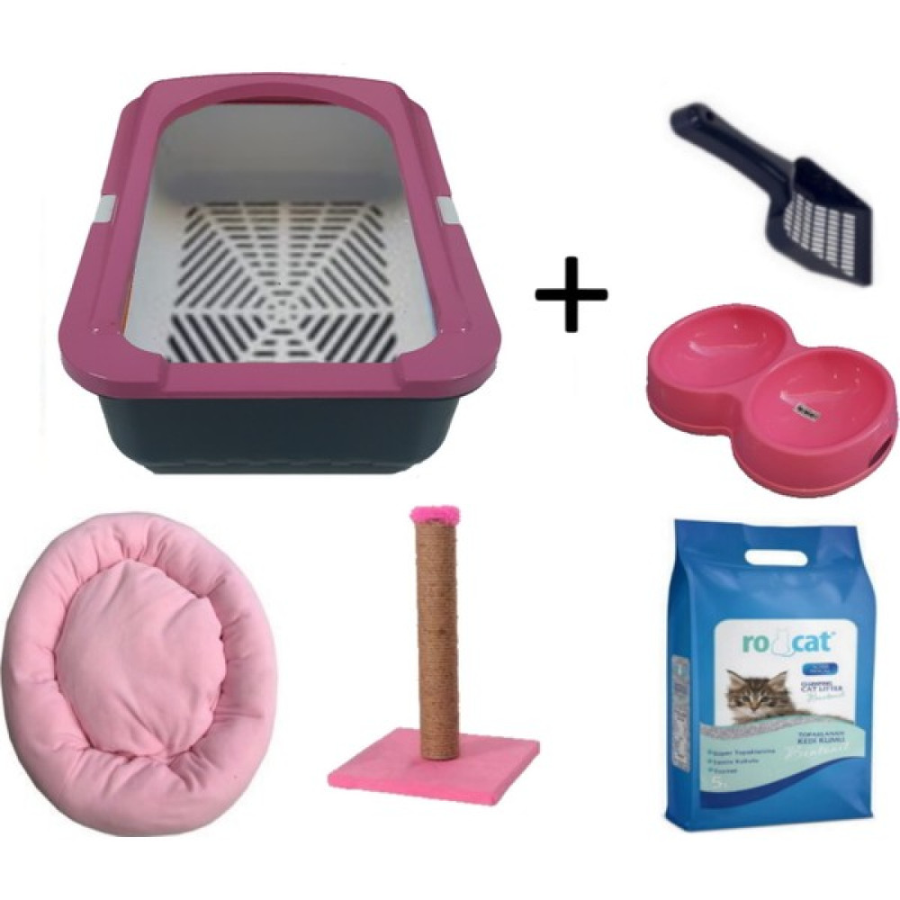 OPTIMAL Kedi Elekli Tuvalet Kabı Pembe (5 Lt Kum + Kürek + 50 cm Tırmalama + Yatak ve Çiftli Mama Kabı Seti) Evcil Hayvan Ürünleri Fiyatı