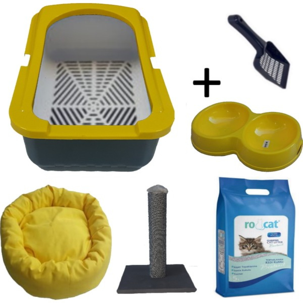 OPTIMAL Kedi Elekli Tuvalet Kabı Sarı (5 Lt Kum + Kürek + 50 cm Tırmalama + Yatak ve Çiftli Mama Kabı Seti) Evcil Hayvan Ürünleri Fiyatı