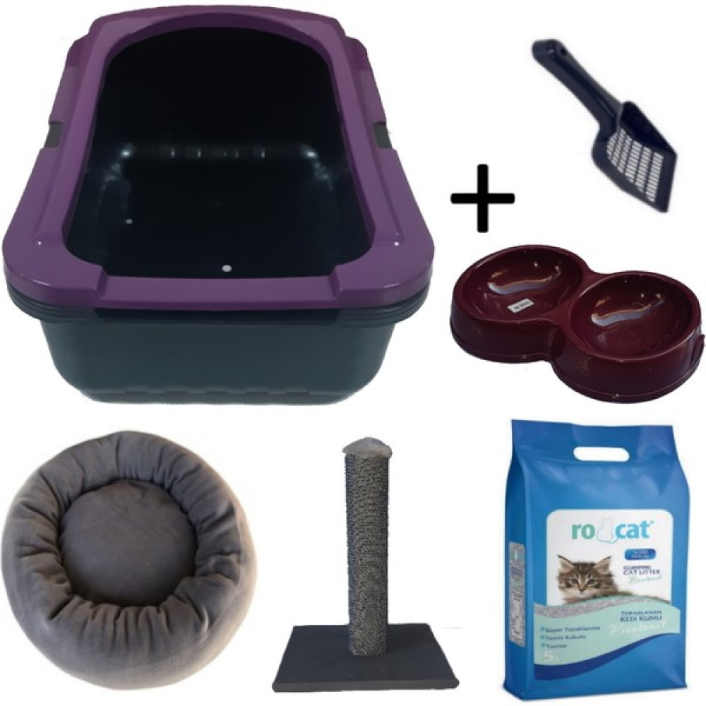 OPTIMAL Kedi Tuvalet Kabı Mor (5 Lt Kum + Kürek + Mor 50 cm Tırmalama + Mor Yatak ve Mor Çiftli Mama Kabı Seti) Evcil Hayvan Ürünleri Fiyatı