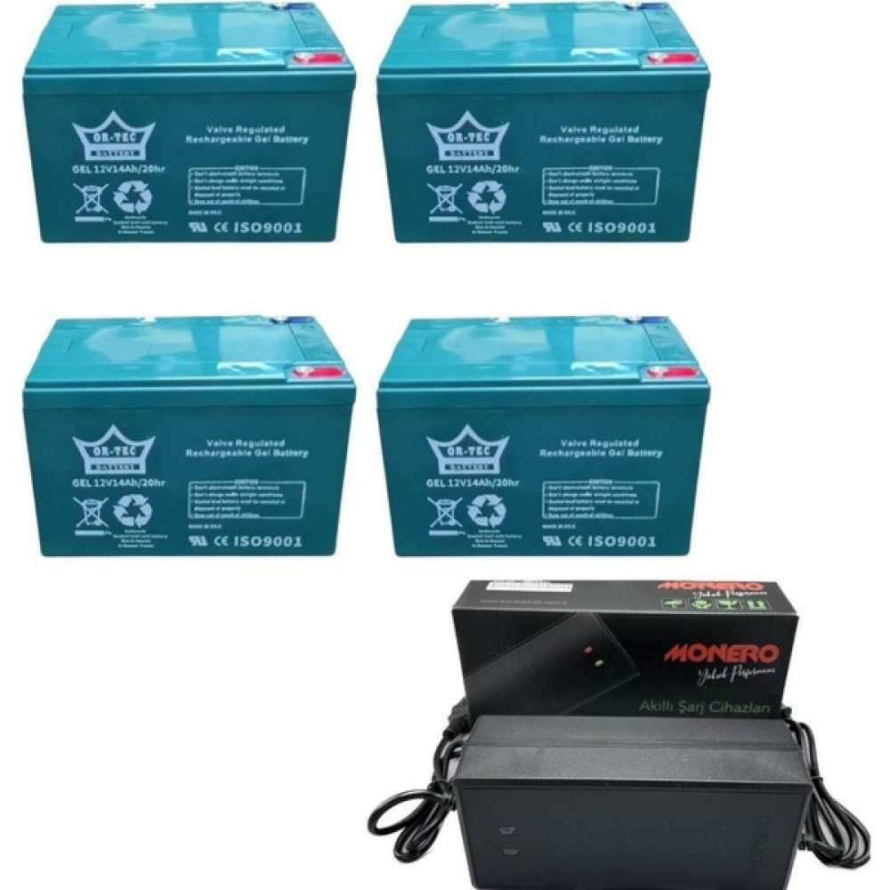 Or-Tec Ortec 12V 14 Ah 4'lü Set Elektrikli Motosiklet Aküsü ve Monero 48V 14AH Akü Şarj Aleti Seti Akü Fiyatı