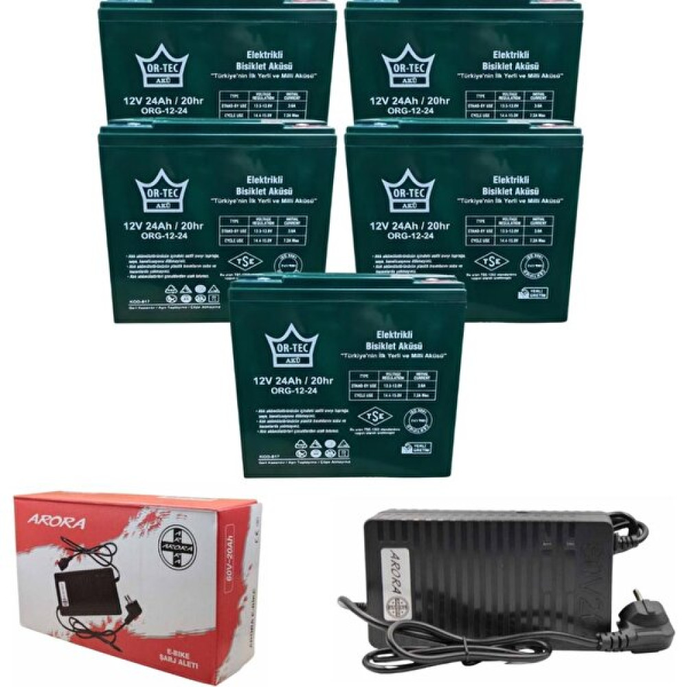 Or-Tec Ortec 12V 24AH 5'li Elektrikli Motorsiklet Aküsü ve Arora 60V 20-24AH Şarj Cihazı Seti Akü Fiyatı