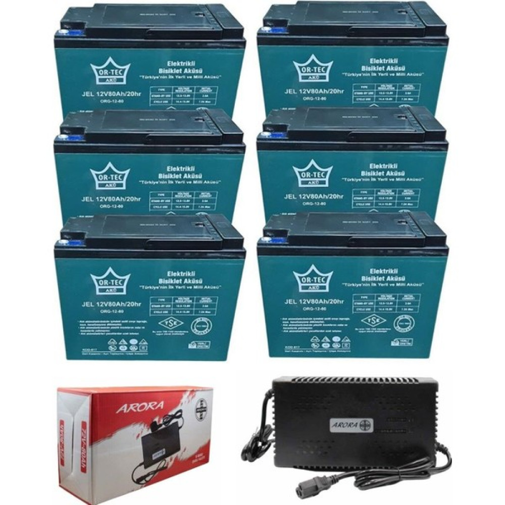 Or-Tec Ortec 12V 80AH 6'lı Set Elektrikli Motosiklet Aküsü ve Arora Şarj Cihazı 72V 60-80AH Akü Fiyatı
