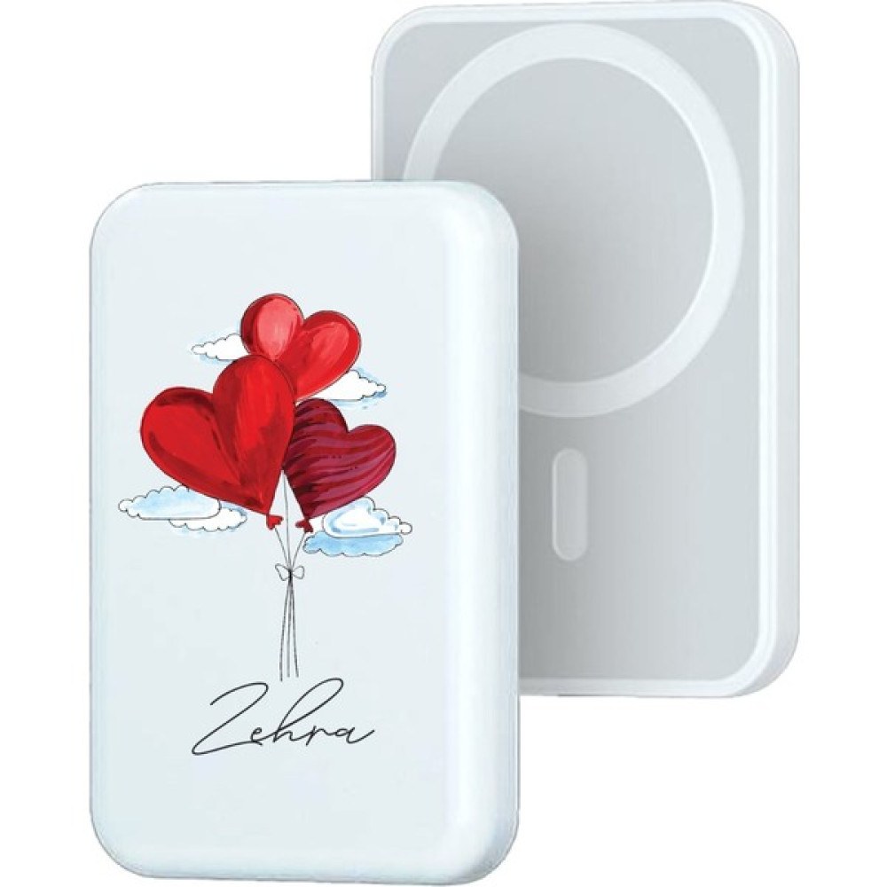 Oranlı Promosyon Kişiye Özel Powerbank Magsafe 5000 Mah Kablosuz Şarjlı Telefonlarla Uyumlu Uçan Kalpler Desenli - Beyaz Taşınabilir Şarj Cihazı - Powerbank Fiyatı