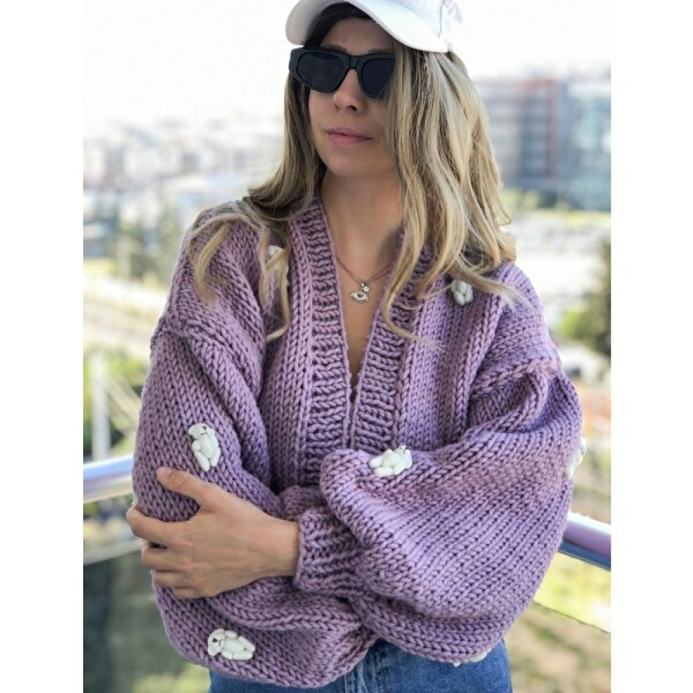 Organic Mira Kadın Lila Peluş Ayıcıklı Hırka Oversize Ceket Kadın Hırka Fiyatı
