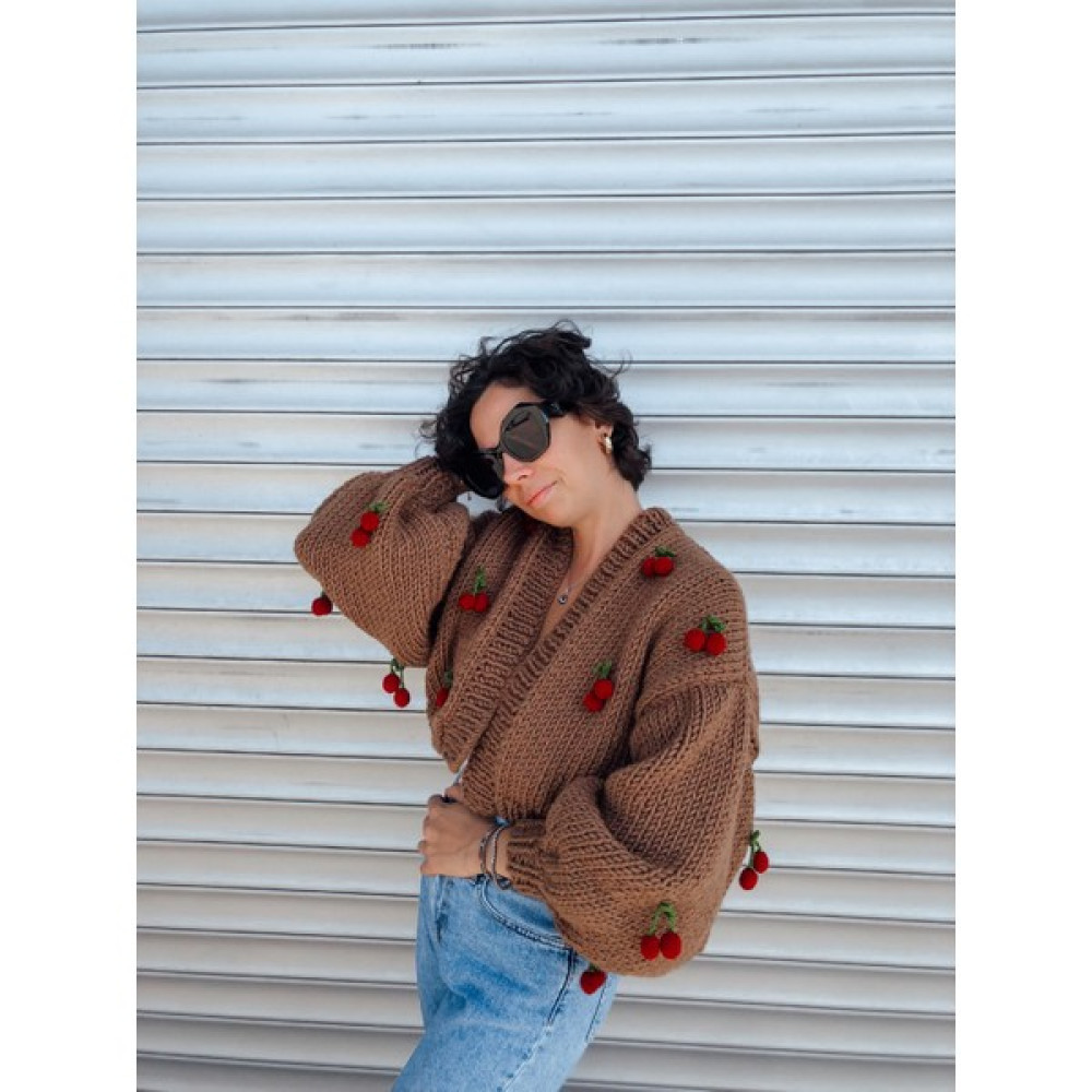Organic Mira Organıcmıra Kahverengi Kirazlı Ceket Kiraz Desenli Oversize Crop Kadın Hırka Mont Chunky Cardigan Kadın Hırka Fiyatı