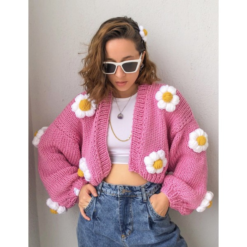 Organic Mira Organıcmıra Pembe Çiçekli Hırka Kadın Papatyalı Ceket Oversize Chunky Cardigan Kadın Hırka Fiyatı