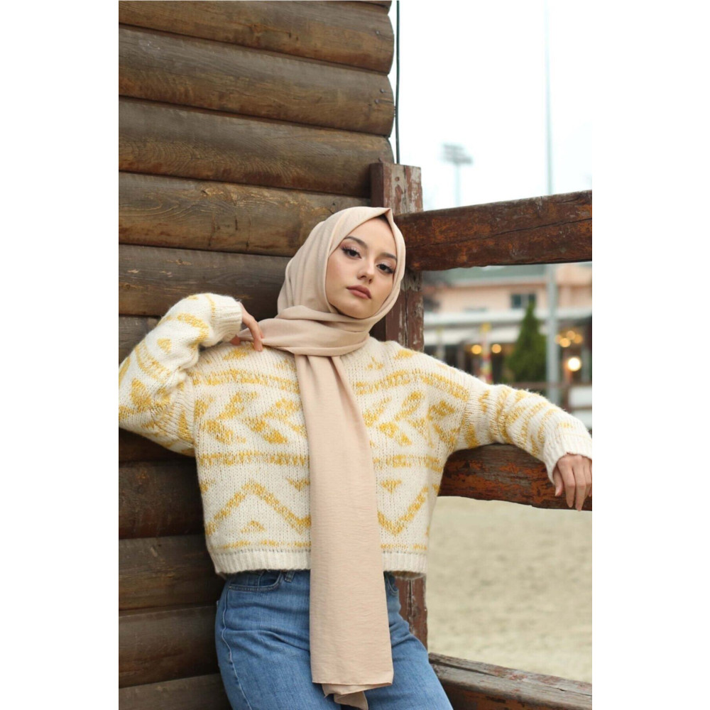 Organic Tesettür Pamuk Kraş Cazz Şal Modeli -bej 80 x 200 Beden Eşarp Fiyatı