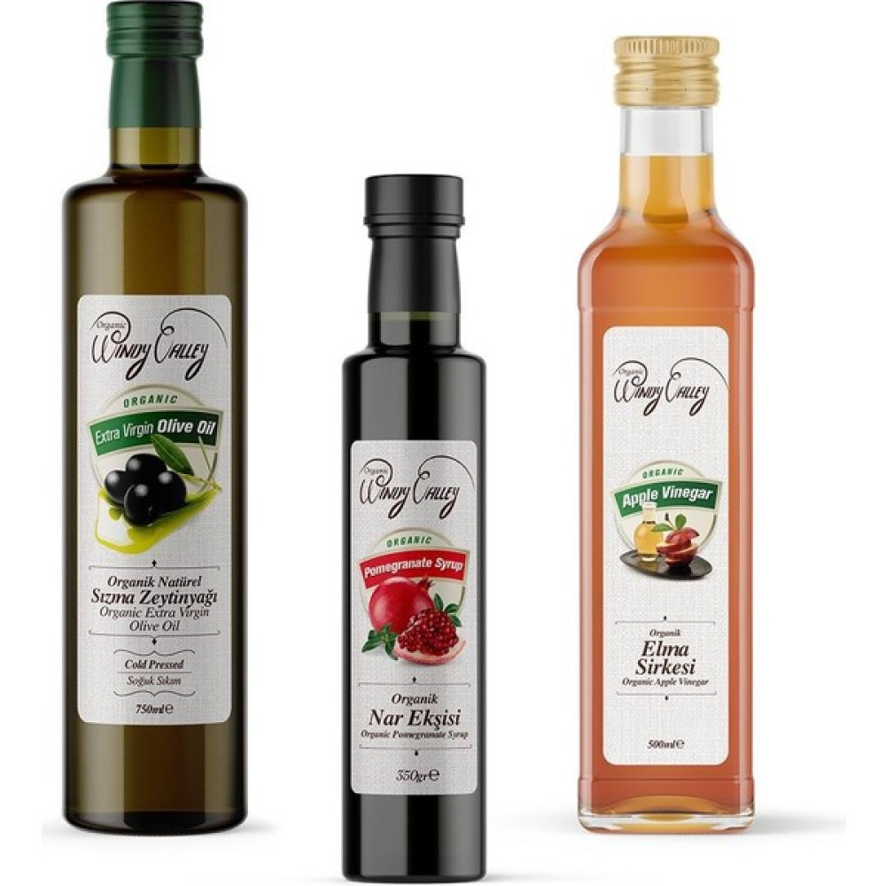Organic Windy Valley Soslar Seti Soğuk sıkım zeytinyağı 750ml Elma Sirkesi 500 ml Nar Ekşisi 350 gr (3 Parça) - 1 Adet Diğer Fiyatı