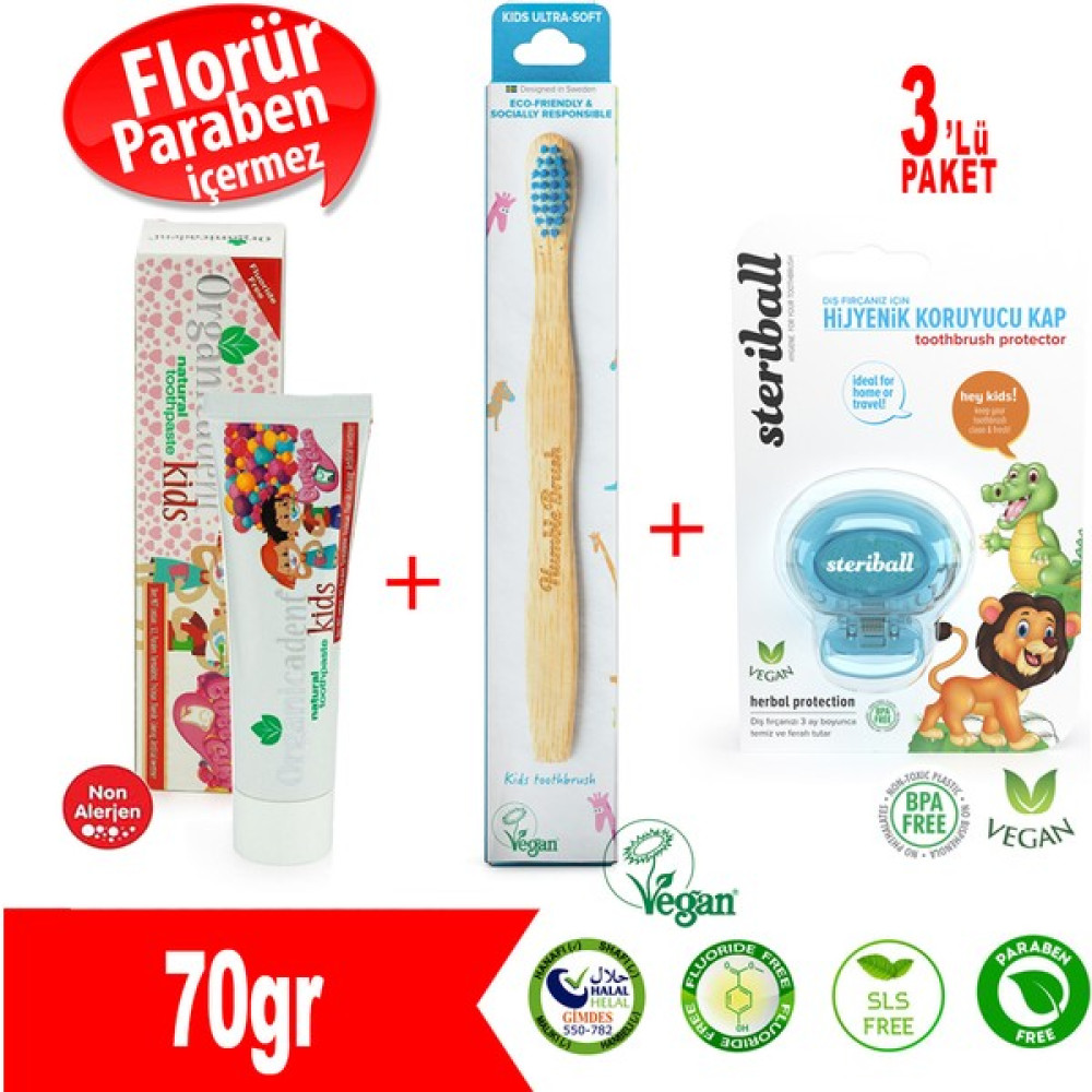 Organicadent Doğal Çocuk Diş Macunu + Humblebrush Diş Fırçası(Mavi)+Streiball Fırça Kabı(Mavi) Diş Macunları Fiyatı