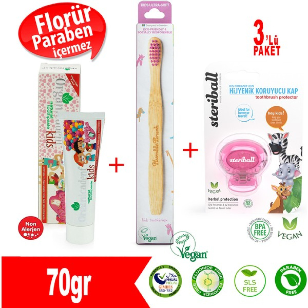 Organicadent Doğal Çocuk Diş Macunu + Humblebrush Diş Fırçası(Pembe)+Streibal Fırça Kabı(Pembe Diş Macunları Fiyatı