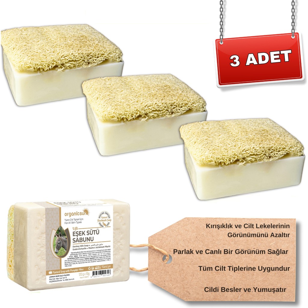 Organicsun Doğal Kabak Lifli Eşek Sütü Sabunu 120 gr x 3 Adet Tüm Cilt Tipleri Için Yaşlanma Karşıtı Sabunlar Fiyatı