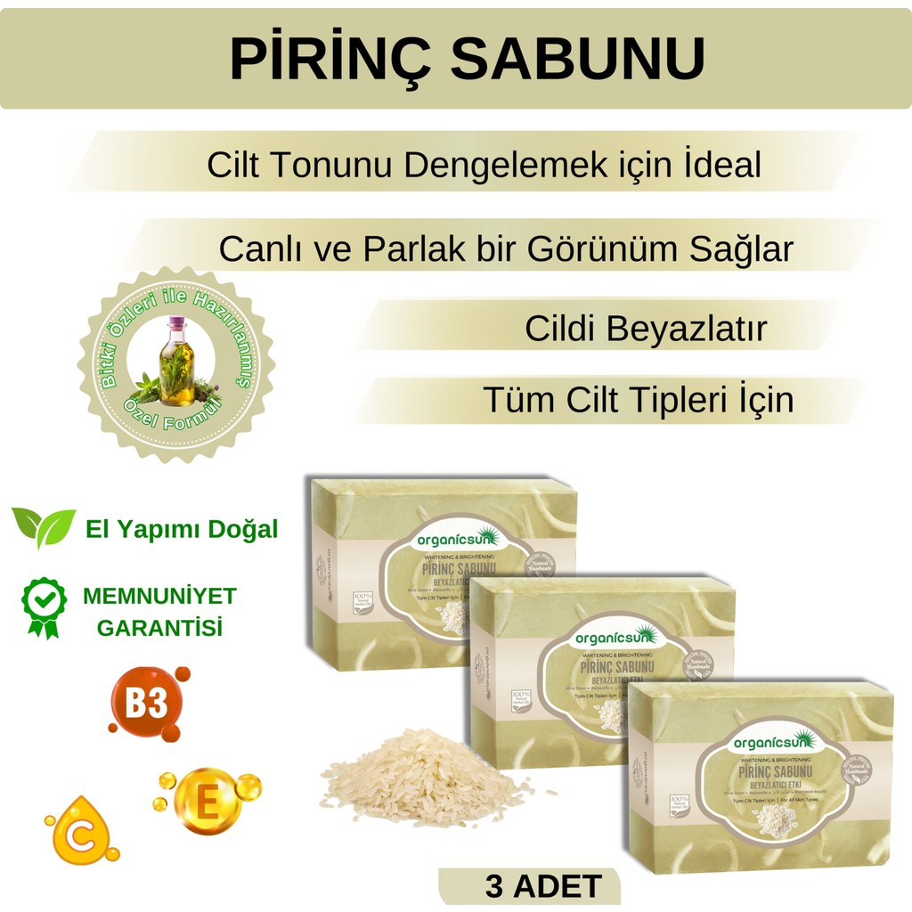 Organicsun Doğal Pirinç Sabunu 140 gr x 3 Adet Tüm Cilt Tipleri Için Beyazlatıcı Etkili Diğer Fiyatı