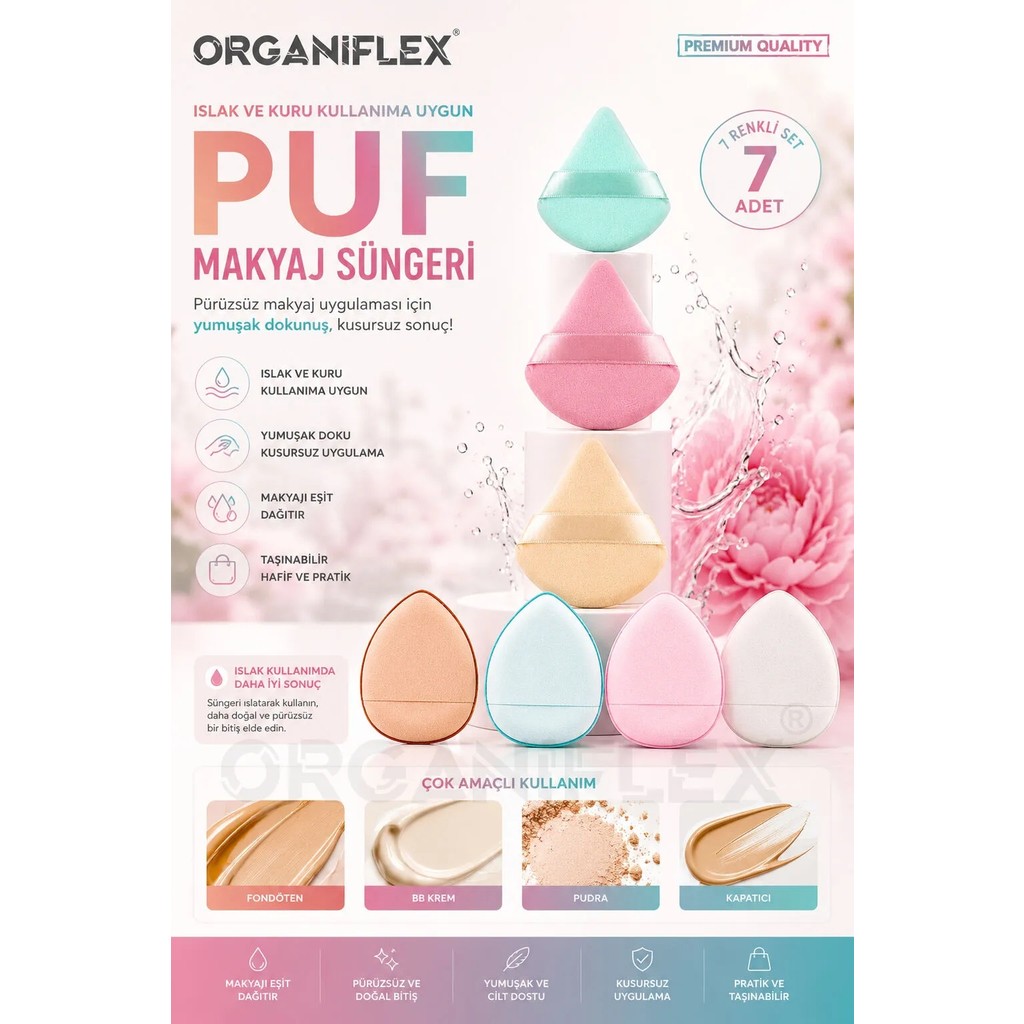 Organiflex 7 Adet Premium Puf Makyaj Süngeri Pürüzsüz Uygulama Diğer Fiyatı