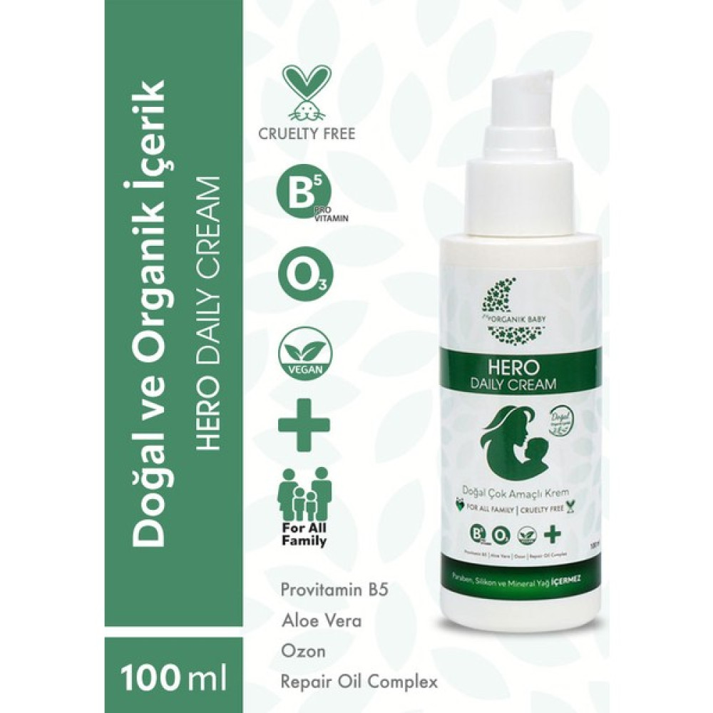 Organik Baby Çok Amaçlı Hero Daily Cream (Krem)- %99 Doğal İçerik Provitamin B5 İçeriği Anlık Yatıştırıcı 100 ml Bebek Bakım Fiyatı