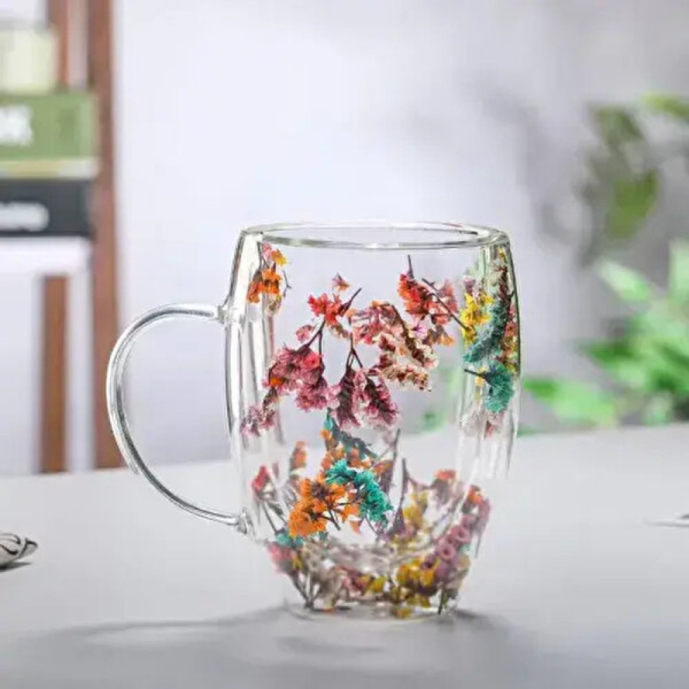 Organik Çiçekli Borosilikat Bardak 350 ml - Çiçek Fincan / Bardak / Kahve Takımı Fiyatı