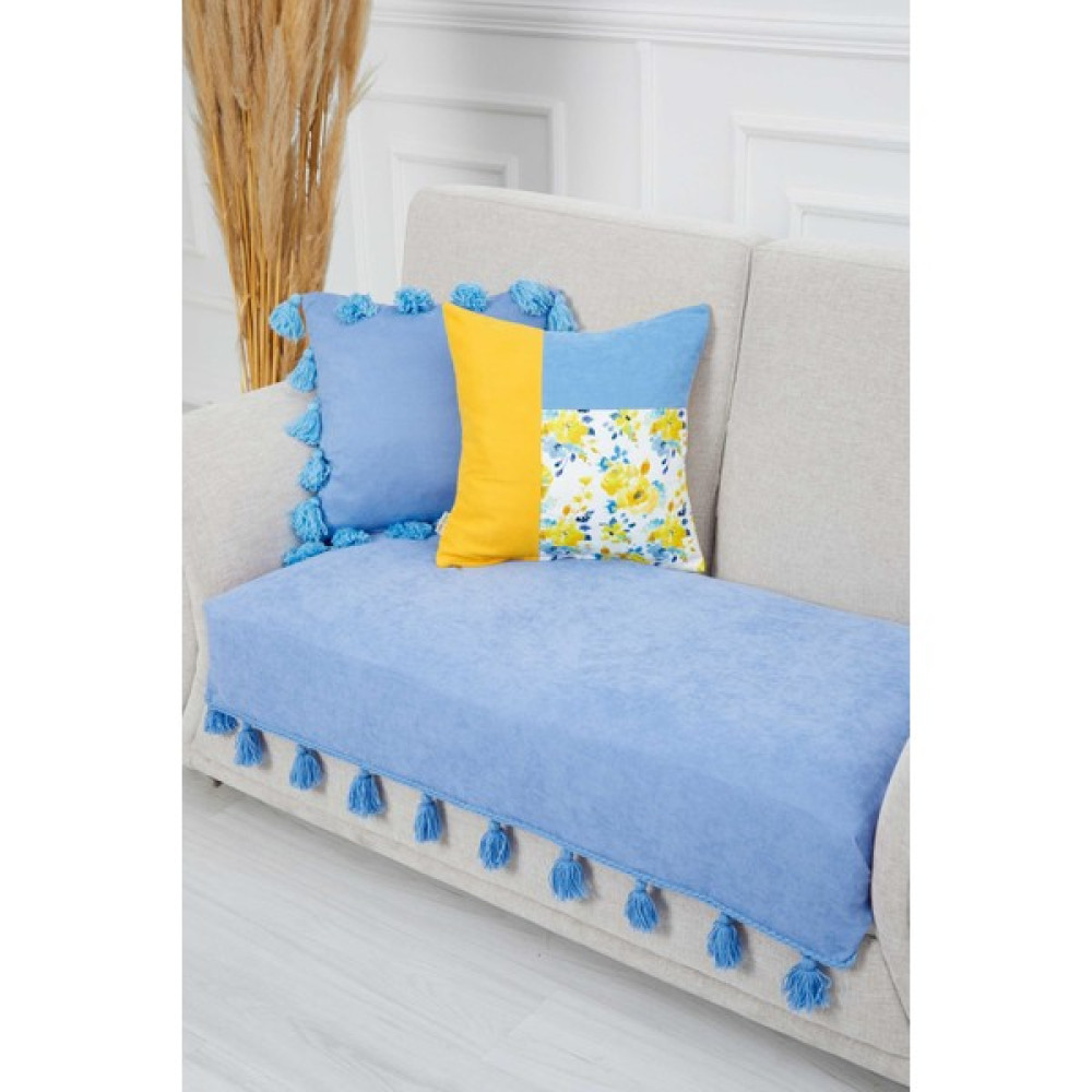 Örgü Kenar Detaylı Püsküllü Koltuk Örtüsü 90 x 155 cm ,Ko-26ık - 90 x 155 cm - Mavi Koltuk & Kanepe Örtüsü Fiyatı
