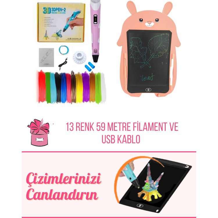 ORH MARKET 3D Kalem USB Kablolu PEMBE Üç Boyutlu Yazıcı Kalem ve PEMBE Tavşan Grafik Tablet Set - 59 Metre Filament Kalem & Yazı Gereçleri Fiyatı