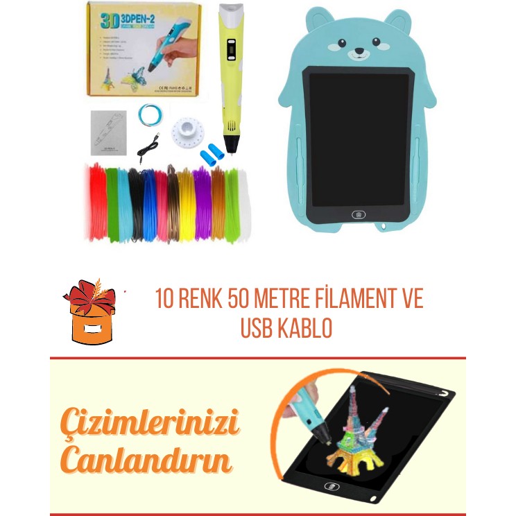 ORH MARKET 3D Kalem USB Kablolu SARI Üç Boyutlu Yazıcı Kalem ve MAVİ Panda Grafik Tablet Set - 59 Metre Filament Kalem & Yazı Gereçleri Fiyatı