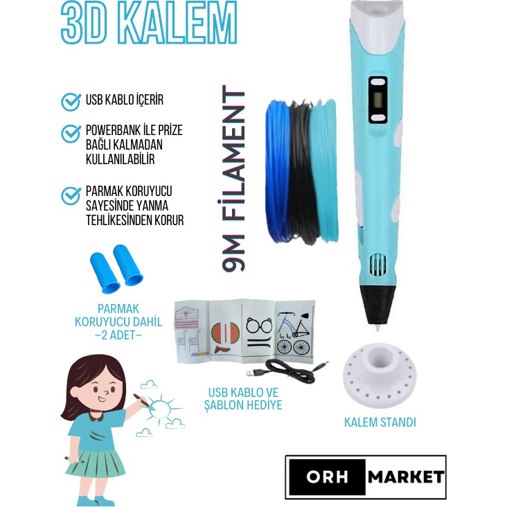 ORH MARKET 3D Kalem USB Kablolu Üç Boyutlu Yazıcı Kalem Printer-Mavi (3 Adet 3m Filament -9metre-) Kalem & Yazı Gereçleri Fiyatı